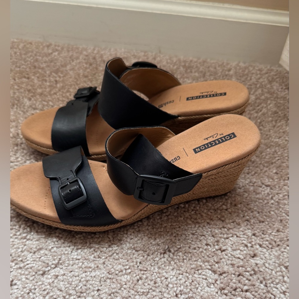 Clarks Black and Tan Wedge Sandals with Slip-On Design